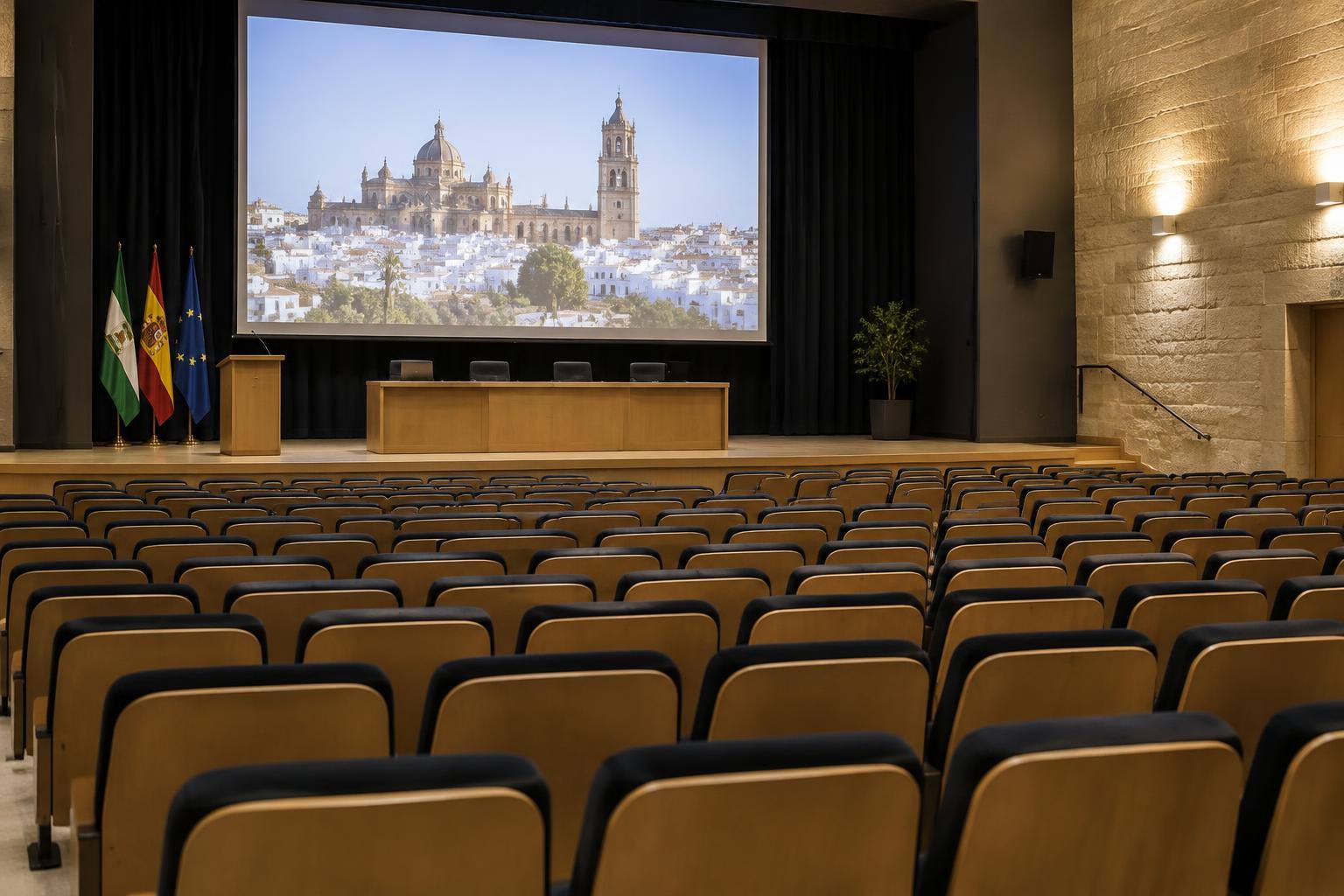 Imagen ilustrativa: Interior de un auditorio con filas de butacas y una pantalla de proyección, sin personas reconocibles.