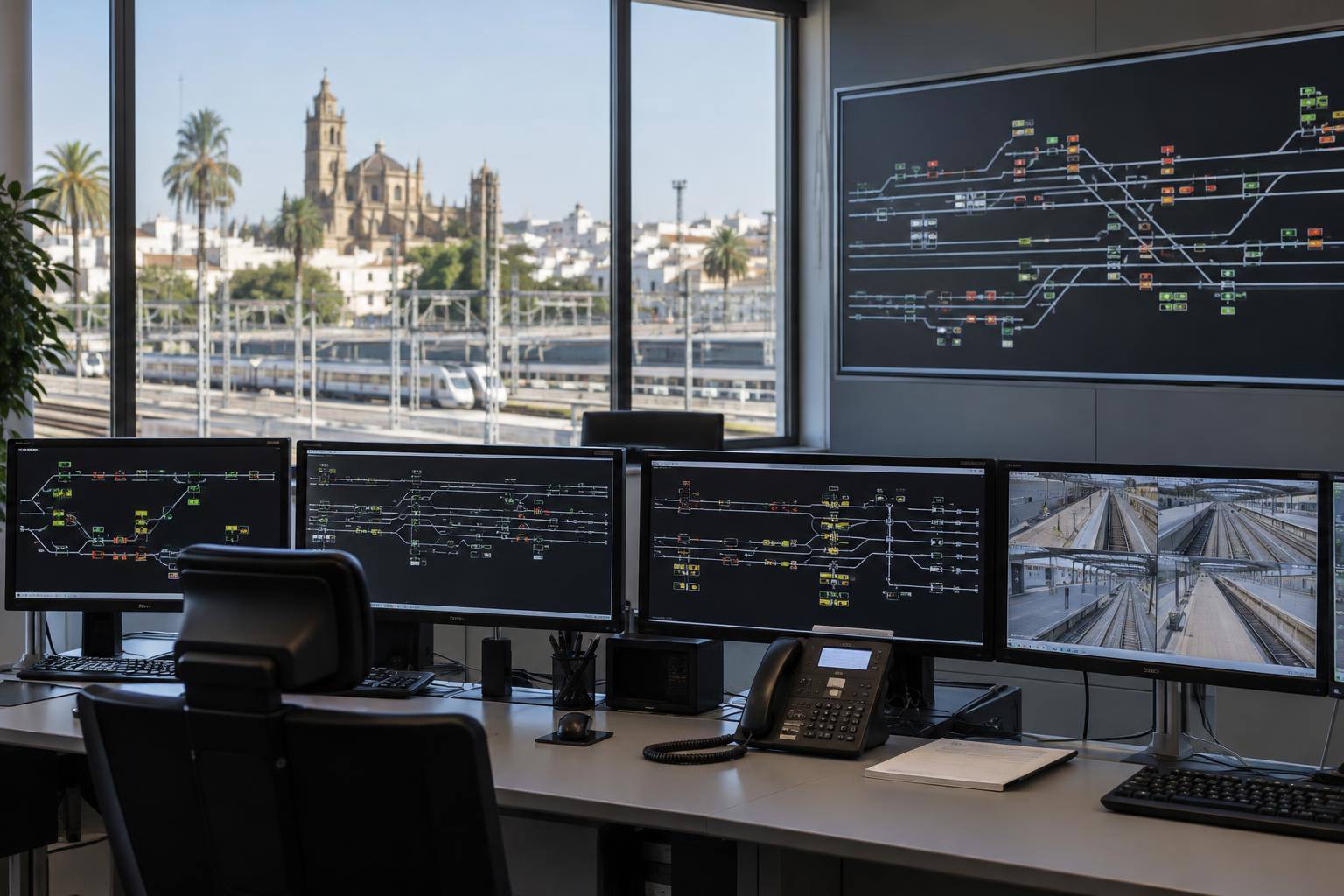 Imagen ilustrativa: Sala de control ferroviario con monitores y paneles de circulación, sin personas ni datos identificables
