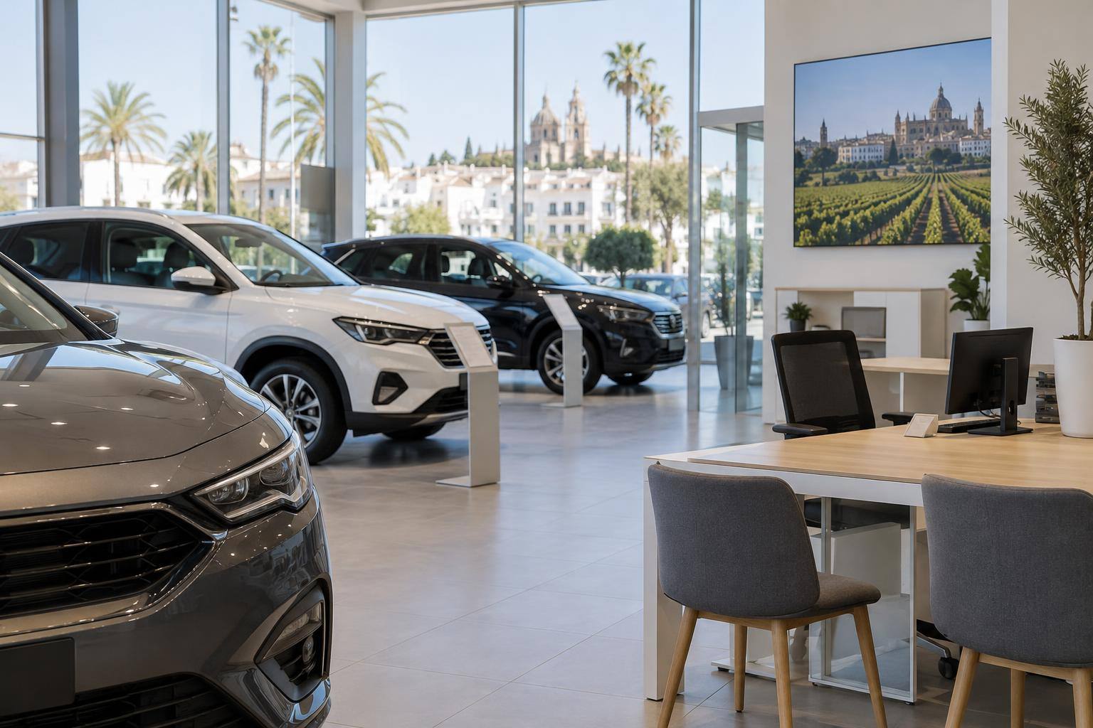 Imagen ilustrativa: Interior de un concesionario de automóviles con vehículos expuestos y una zona de atención al cliente, sin personas reconocibles.