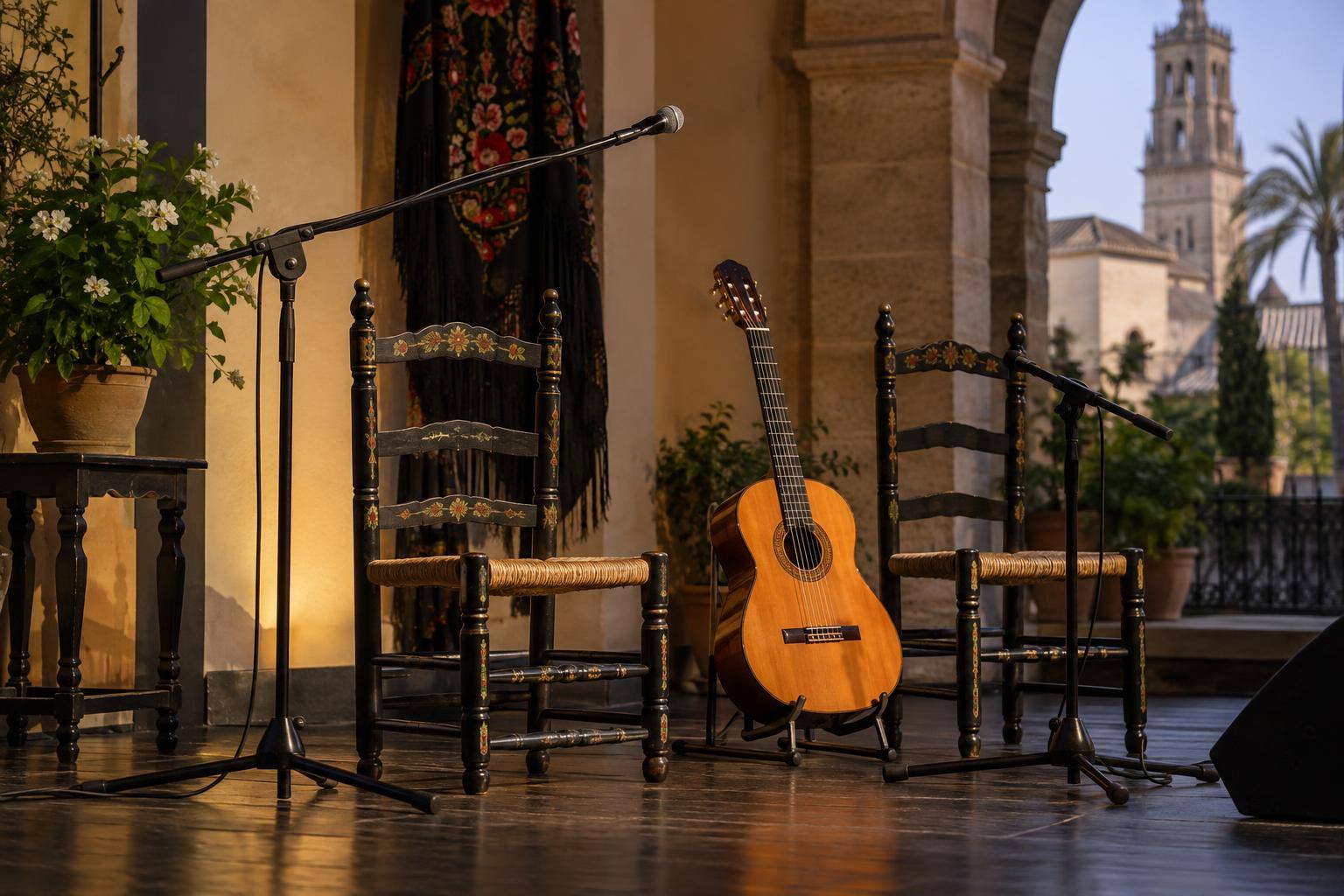 Imagen ilustrativa: Escenario de una sala de espectáculos con una guitarra flamenca, sillas de madera y micrófonos, sin personas.