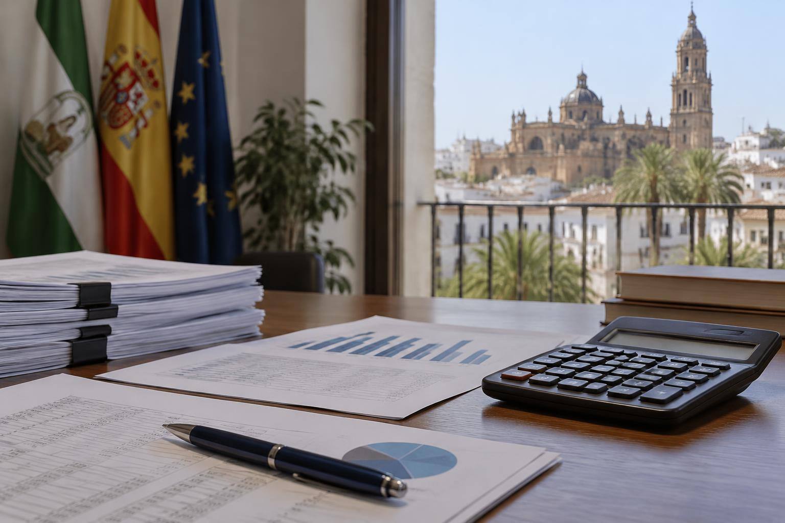 Imagen ilustrativa: Documentos presupuestarios y una calculadora sobre una mesa de despacho, sin personas ni textos legibles.