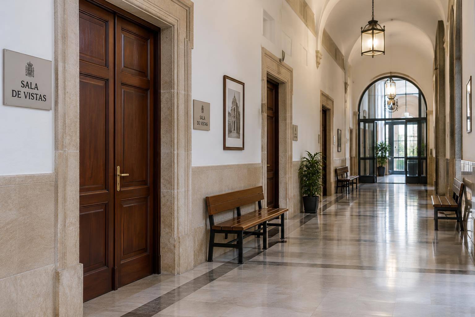 Imagen ilustrativa: Pasillo de un edificio judicial con puertas de salas de vistas y bancos de espera, sin personas reconocibles