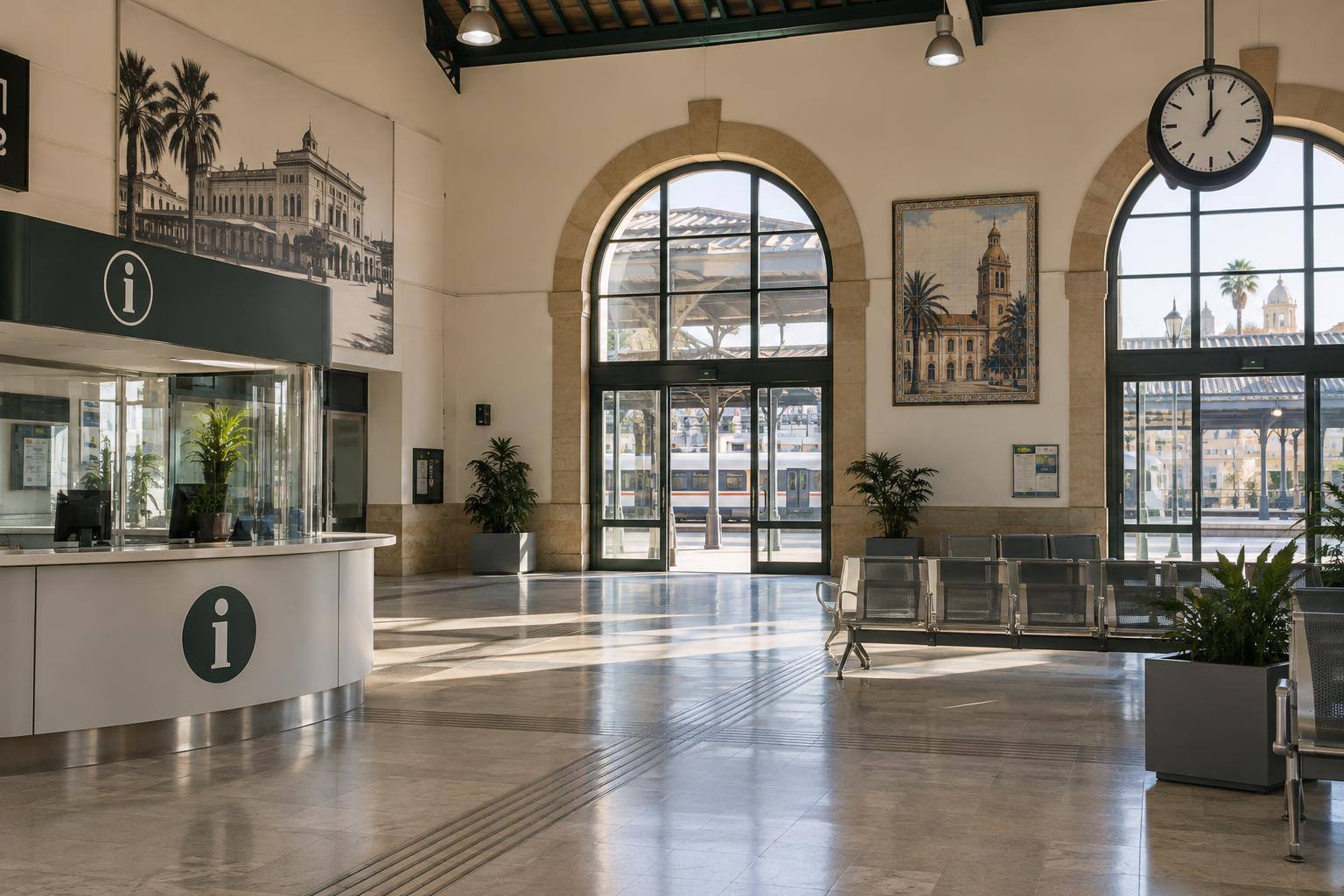 Imagen ilustrativa: Vestíbulo de una estación ferroviaria con un mostrador de información y una zona de espera, sin personas reconocibles