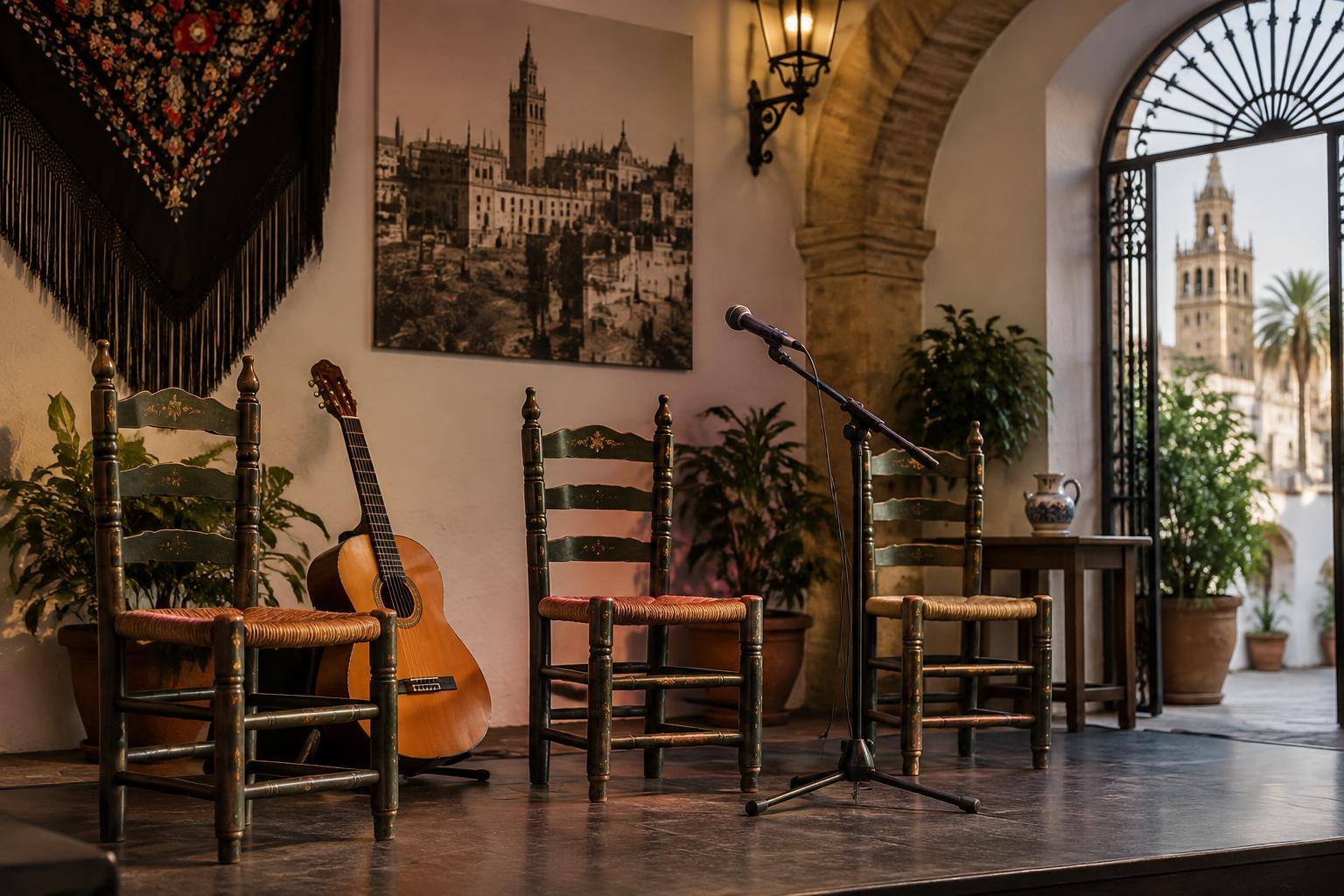 Imagen ilustrativa: Escenario de una peña flamenca con sillas de madera, una guitarra y un micrófono, sin personas.