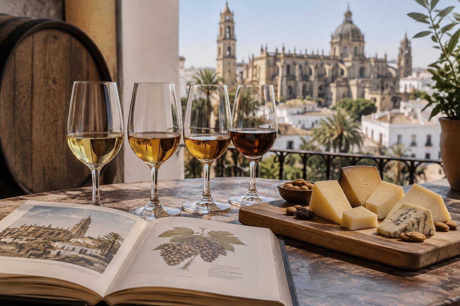 Imagen ilustrativa: Mesa de cata con copas de vino de Jerez, una selección de quesos y un libro abierto, sin personas.