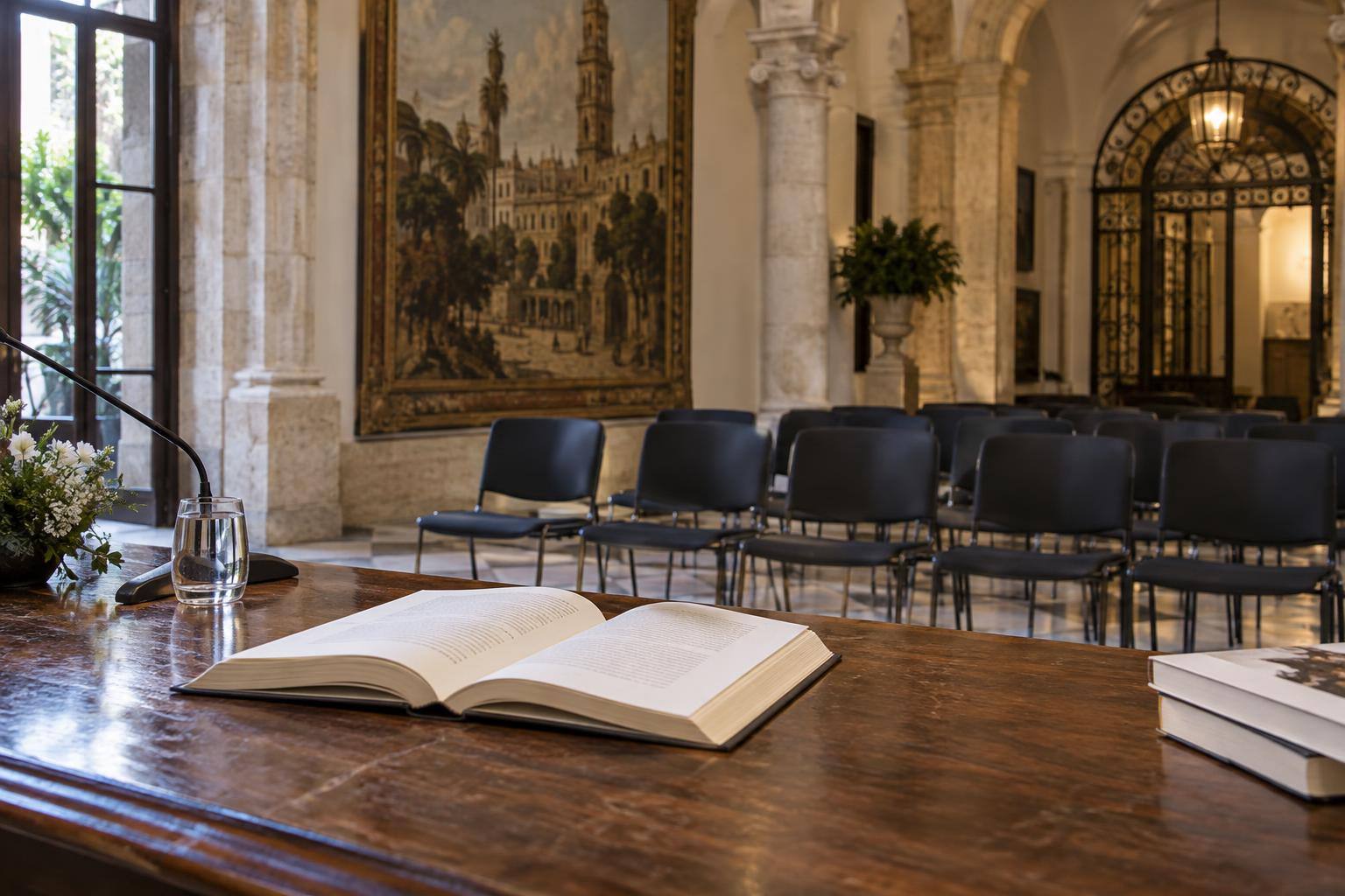 Imagen ilustrativa: Mesa con un libro abierto y sillas dispuestas para una presentación literaria en una sala de un edificio histórico, sin personas.