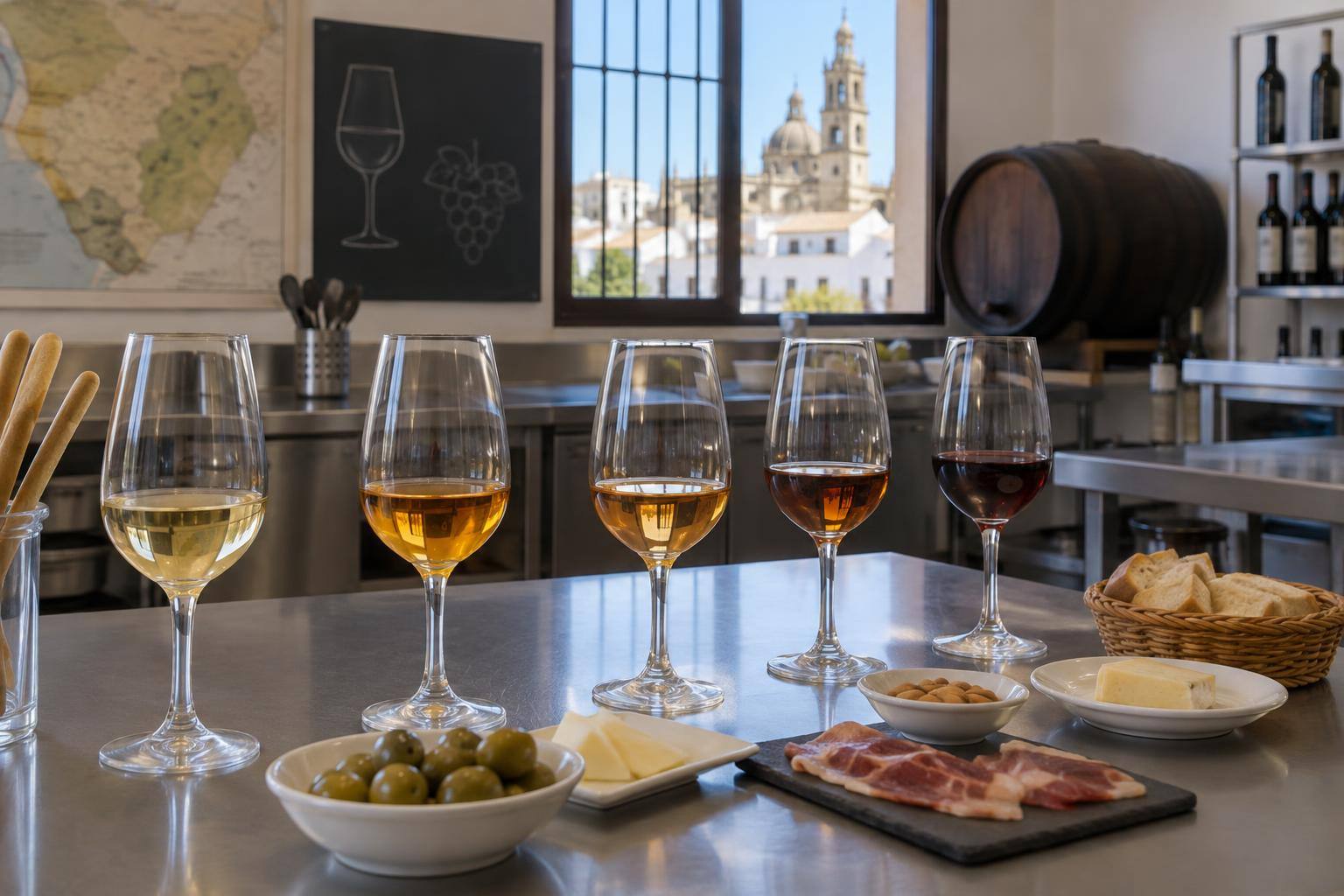 Imagen ilustrativa: Mesa de un aula de cocina con copas de distintos vinos generosos y pequeños platos de degustación, sin personas reconocibles.
