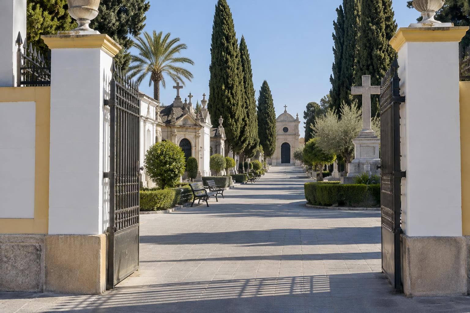 Imagen ilustrativa: Acceso a un cementerio municipal con caminos despejados, bancos y zonas ajardinadas, sin personas reconocibles
