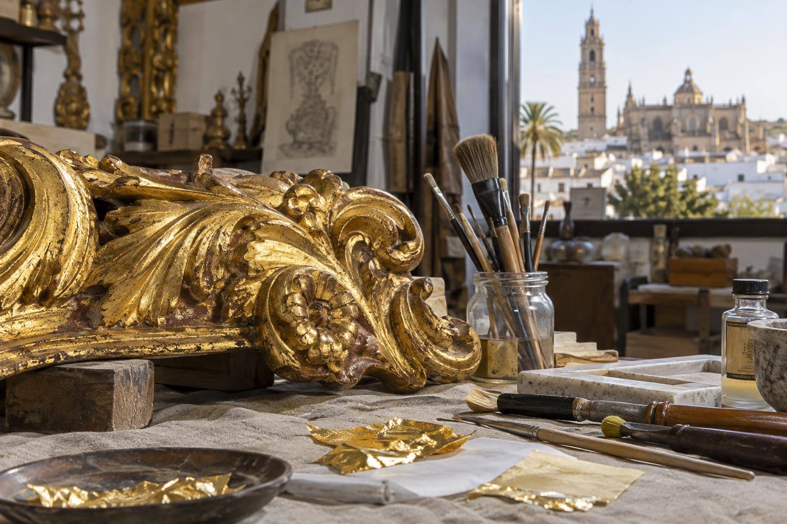 Imagen ilustrativa: Taller de dorado con una pieza de madera tallada, pinceles y herramientas de restauración, sin personas reconocibles.