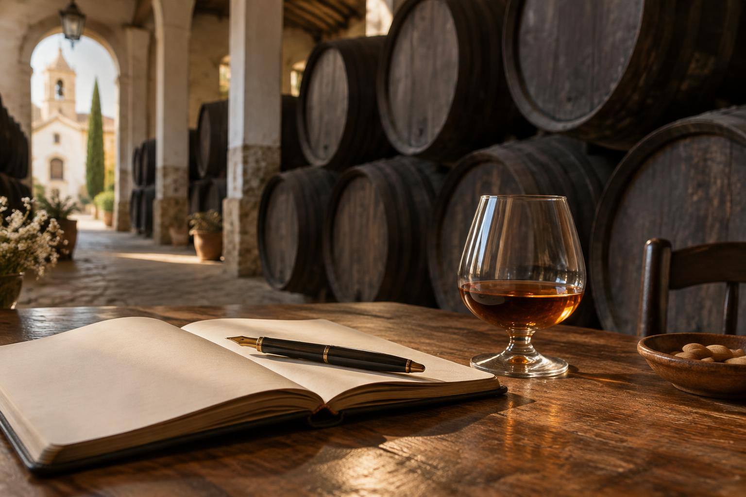 Imagen ilustrativa: Mesa de madera con un cuaderno abierto, una pluma y una copa de brandy ante unas botas de bodega, sin personas