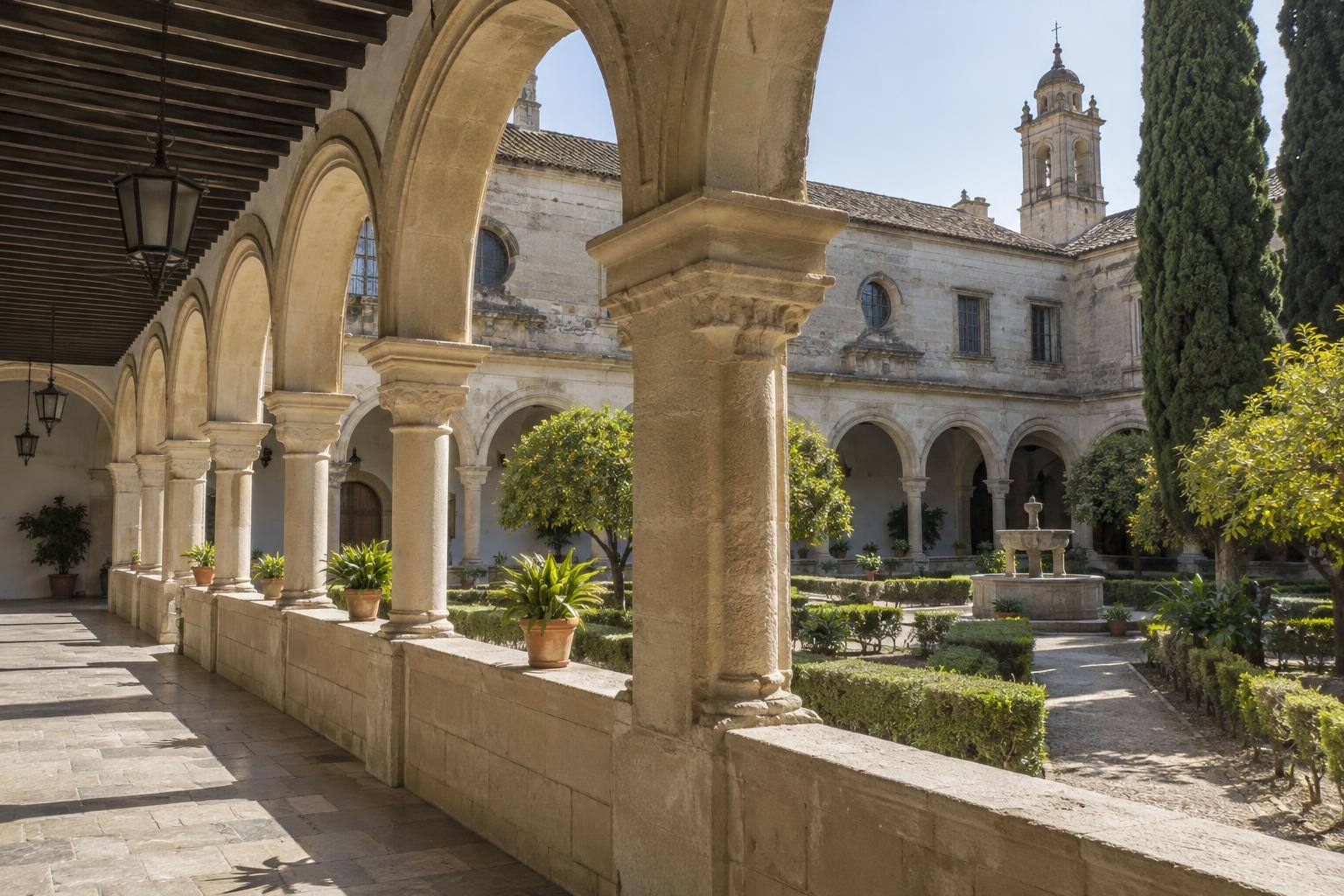 Imagen ilustrativa: Claustro de un monasterio histórico con galerías porticadas y patio, sin personas.
