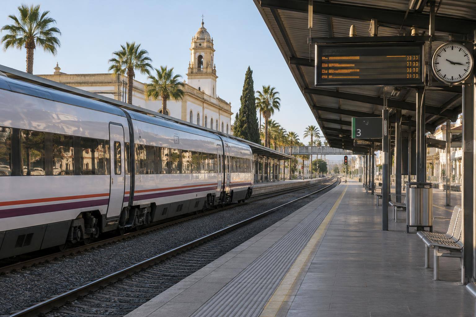 Imagen ilustrativa: Andenes de una estación ferroviaria con un tren de pasajeros y paneles informativos, sin personas reconocibles.