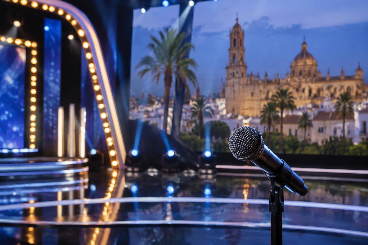 Imagen ilustrativa: Micrófono sobre un escenario de televisión con iluminación de concurso musical, sin personas reconocibles.