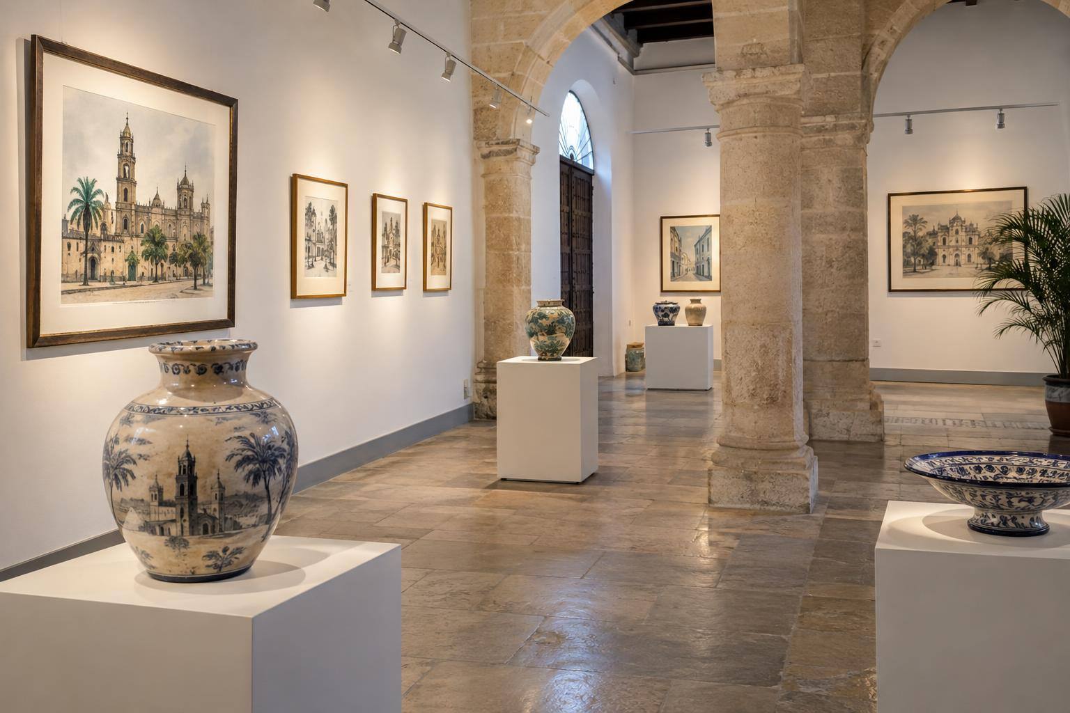 Imagen ilustrativa: Sala de exposiciones con ilustraciones enmarcadas en las paredes y piezas de cerámica sobre peanas, sin personas.
