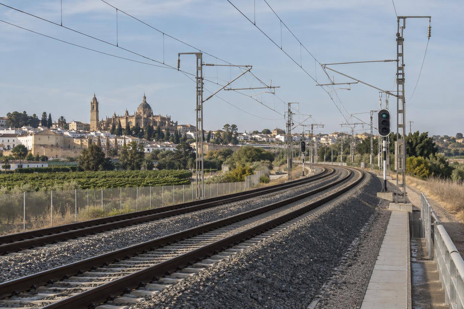 Imagen ilustrativa: Vías de alta velocidad con señalización ferroviaria y catenarias, sin personas ni incidentes