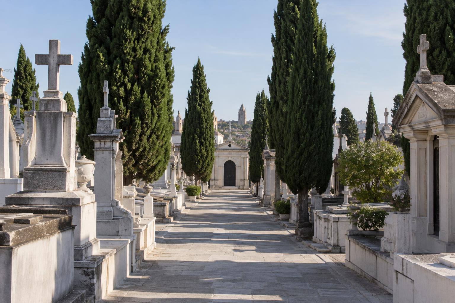 Imagen ilustrativa: Pasillo de un cementerio con lápidas de piedra y cipreses, sin personas ni inscripciones legibles.
