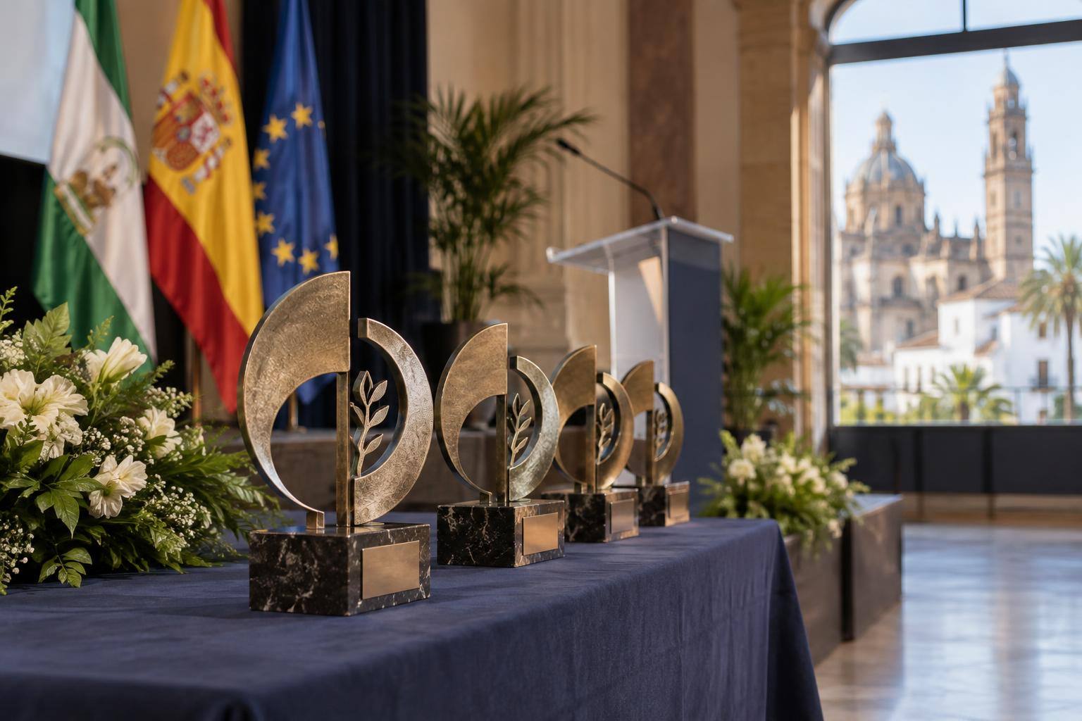Imagen ilustrativa: Trofeos sobre una mesa en un salón de actos preparado para una entrega de premios empresariales, sin personas reconocibles.